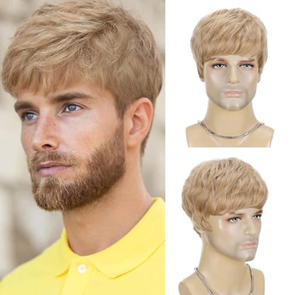 Mens Blonde Wig Short Layered Blond Straight Wig for Male Guys Synthetic Heat Resistant Fiber Natural Dirty Blonde Mens Wig for Halloween Party Anime 90s 2000s Use - color: Dirty Blonde