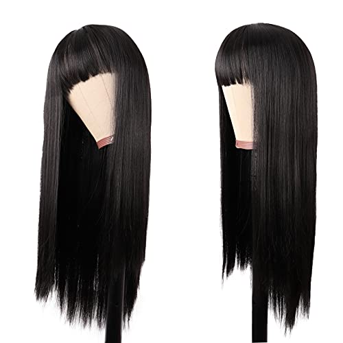 MapofBeauty 24 Inch Long Straight Flat Bangs Party Cosplay Wig, Black | 60 cm Synthetic Hair Wig, Heat Resistant, Women - color: Black