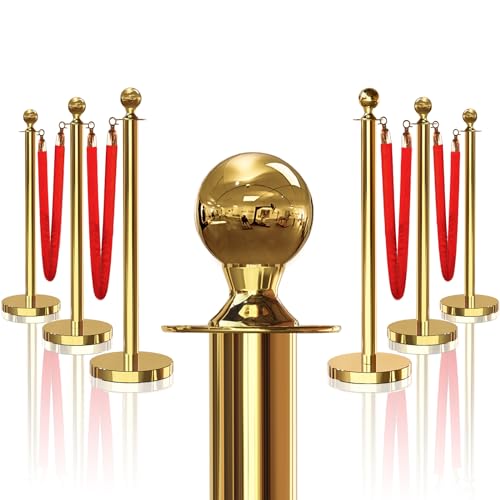 6PCS Gold Stanchions Posts with 4PCS 5 ft Red Velvet Rope, Red Velvet Rope Stanchion Set Crowd Control Barriers, Stanchions and Velvet Ropes Red Carpet Poles for Party Supplies - color: Gold, size: 6