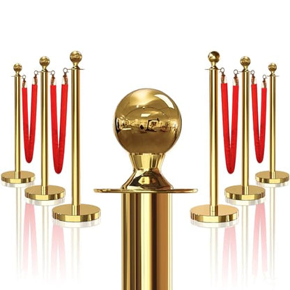 6PCS Gold Stanchions Posts with 4PCS 5 ft Red Velvet Rope, Red Velvet Rope Stanchion Set Crowd Control Barriers, Stanchions and Velvet Ropes Red Carpet Poles for Party Supplies - color: Gold, size: 6