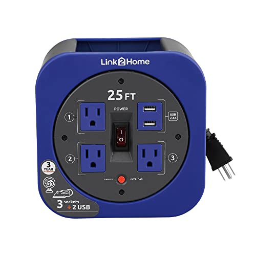 Link2Home 25 Ft. Extension Cord Reel, 4 Outlets, USB Port, Blue - color: Blue