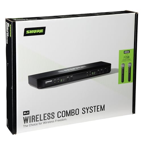 Shure BLX288/PG58 Dual Wireless Vocal System - H10 Band | 14-hour battery and 300 ft UHF range with two PG58 handheld vocal mics and dual-channel receiver for live vocals - style: H10 Band (542-572 MHz)