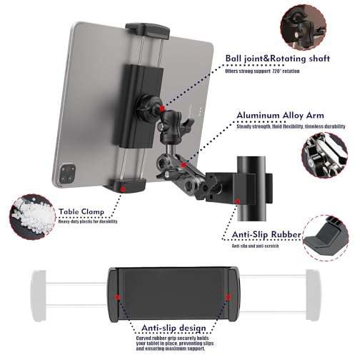 Tablet Holder for Treadmil Indoor Cycle Elliptical Spin Bike Peloton Music Stand 360° Adjustable Super Crab Handlebar Climp Mount Compitable with 4.7~12.9" iPad Switch iPhone e-Reader