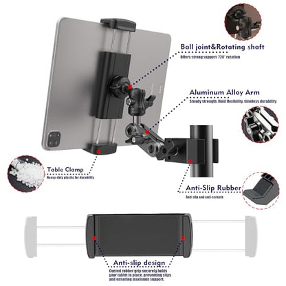 Tablet Holder for Treadmil Indoor Cycle Elliptical Spin Bike Peloton Music Stand 360° Adjustable Super Crab Handlebar Climp Mount Compitable with 4.7~12.9" iPad Switch iPhone e-Reader