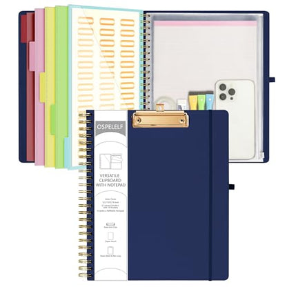 Ospelelf Bule Foldable Spiral Clipboard Folio with Storage Zipper Pouch, 5 Plastic Folders with 10 Pockets, Refillable Lined Notepad (11" x 8.5"), Linen Hardcover Project Organizer - color: Blue