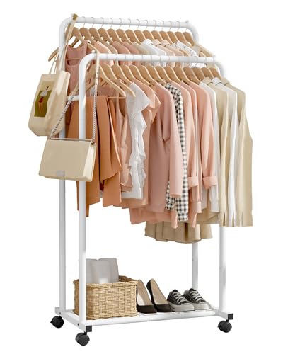 Sakugi Clothes Rack - Clothing Rack with Storage Mesh Shelf & Casters, Heavy-Duty Metal Clothing Rack for Hanging Clothes, Dresses, Coats, Large Load Capacity, Easy Assembly, White, 28.0"x16.0"x59.0" - color: White, size: 28.0" x 16.0" x 59.0" (2 Rods)
