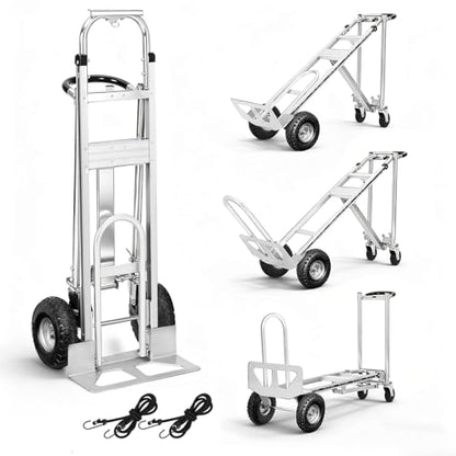 Aluminum 4 in 1 Convertible Hand Truck Dolly, 1000Lbs Capacity, Heavy Duty Folding Hand Truck Dolly Cart with Wheels 10" All-Terrain Tires, Hand Trucks for Logistics, Home, Office, School, Silver - color: Silver