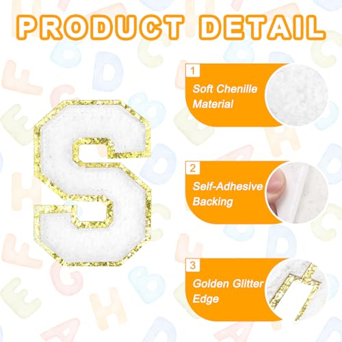MECCANIXITY Chenille Letter Patches 2.2" Self Adhesive Alphabet S Stick on Embroidered Patch Sew on Letter Stickers Applique for Repairing Clothing Jeans Shoes Hats DIY(White, Pack of 8) - style: Letter S