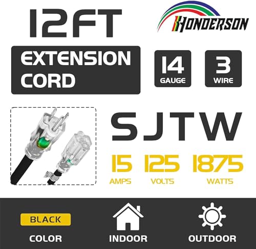 12 Ft Black Outdoor Extension Cord Lighted End Weatherproof 14 Gauge | UL Certified 14/3 SJTW Cable, 15A Rated, Designed for Garden Equipment, Appliances and Outdoor Power - size: 12FT, style: 14/3