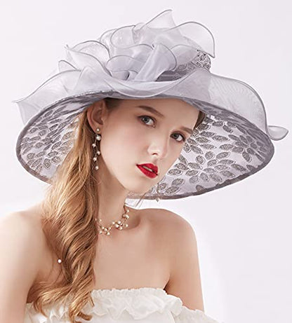 Women Derby Fascinator Hat Organza Church Wedding Hats Wide Brim Cocktail Tea Party Hat - color: 06 Grey
