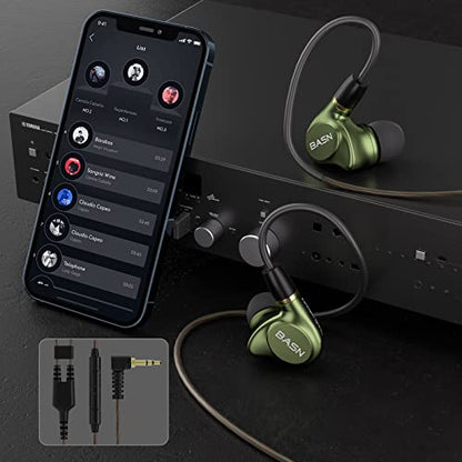 BASN Metalen 4 Drivers in-Ear Monitor Headphones (Metallic Green) | quad driver earbuds, noise isolating iems, deep bass for musicians drummers bassists, with carry iem case, memory foams - color: Green