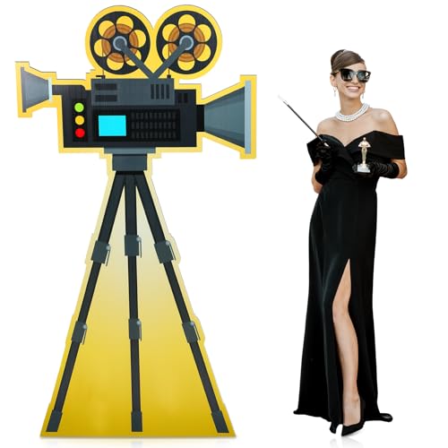 Yookeer 6 Ft Movie Award Night Party Decoration Red Carpet Camera Stand-Up Cardboard Cutout Lifesize Movie Theme Prom Decor Awards Night Photo Booth Backdrop for Themed Party Events Supplies - style: Camera