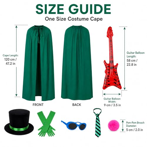7 Pcs Green Costume Accessories Set Classic Cartoon Inspired Cape Top Hat Gloves Stripe Tie Sunglasses Inflatable Bass Halloween Cosplay Book Day Party Outfit Adults