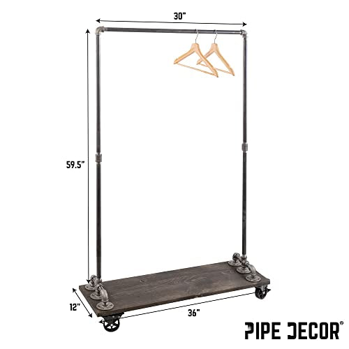 PIPE DECOR 36” x 11 ½” x 59 ½” Rolling Steel Pipe Clothing Rack with Wood Shelf, Commercial or Residential Industrial Clothes Display, Heavy Duty Black Steel Metal Wheeled Garment Frame - size: 36 in. x 59 in.