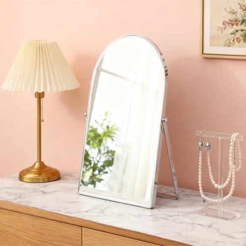 Silver Metal Mirror Vanity Table Desk Arch Makeup Mirror 90°Adjustable Rotation Framed Standing Mirrors Room Decor for Living Room,Bedroom,Tabletop,Bathroom - color: Silver