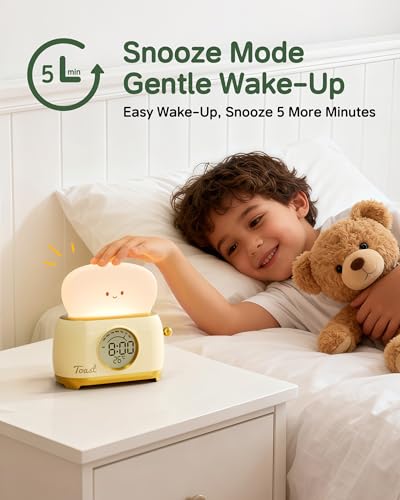Alarm Clock for Kids, Cute Toast Night Light Alarm Clocks for Bedrooms, Dimming Rechargeable Small Led Desk Clock with Snooze & Countdown for Room Decor, Bedside Clock for Teen Girls Boys