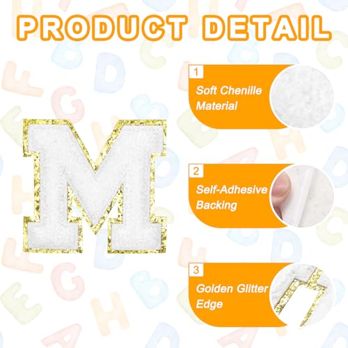 MECCANIXITY Chenille Letter Patches 2.2" Self Adhesive Alphabet M Stick on Embroidered Patch Sew on Letter Stickers Applique for Repairing Clothing Jeans Shoes Hats DIY(White, Pack of 8) - style: Letter M