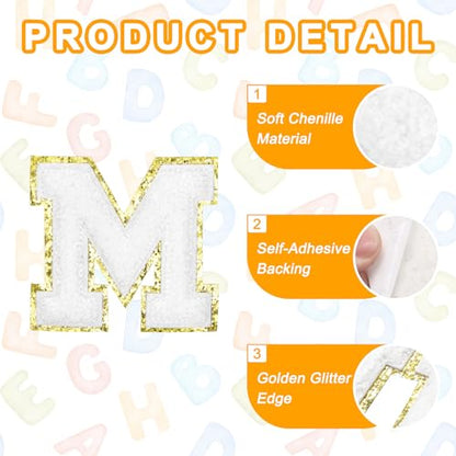 MECCANIXITY Chenille Letter Patches 2.2" Self Adhesive Alphabet M Stick on Embroidered Patch Sew on Letter Stickers Applique for Repairing Clothing Jeans Shoes Hats DIY(White, Pack of 8) - style: Letter M