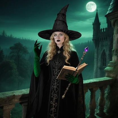 Horolam Halloween Elphaba Costume Accessories, Witch Costume Hat with Glasses Green Gloves for Adult Women Cosplay Dress Up