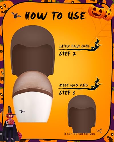 Hoedia 2 PCS Latex Bald Caps Halloween and 2 PCS Nylon Wig Caps, Dark Brown | Bald Head Wig Cap for Adults Women Men, Cosplay Costume Accessories for Halloween Makeup Party - color: Natural