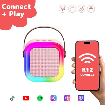 Karaoke Machine for Kids Adults, Mini Karaoke Machine with 2 Wireless Microphones, Portable Bluetooth Speaker with Voice Changing Effects & LED Lights, Best Gifts Toys for Girls and Boys - color: Pink