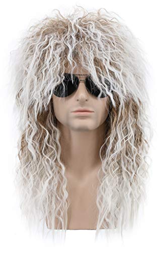 karlery Men and Women Long Curly Brown Gradient White Wig 70s 80s Rocker Mullet Party Funny Wig Costume Wig | Rocker Mullet Party Funny Wig Costume Wig
