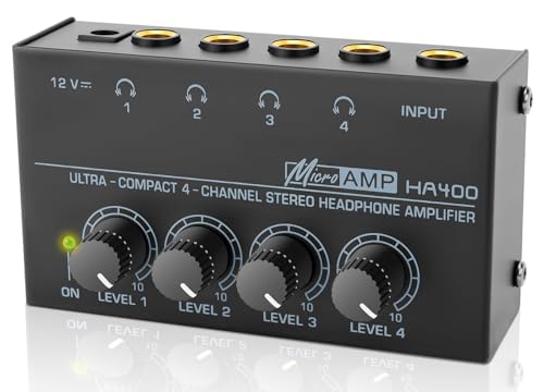 Headphone Amplifier, HA400 4-Channel Metal Stereo Audio Amplifier, Mini Earphone Splitter W/ & DC 12V Power Adapter, for Sound Mixer PC Guitar Studio Stage (Black) - style: HA400 + TRS