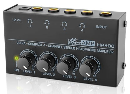 Headphone Amplifier, HA400 4-Channel Metal Stereo Audio Amplifier, Mini Earphone Splitter W/ & DC 12V Power Adapter, for Sound Mixer PC Guitar Studio Stage (Black) - style: HA400 + TRS