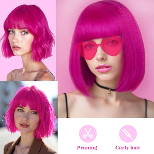 LIULIUBTY Short Bob Hair Wigs Straight with Flat Bangs Synthetic Colorful Cosplay Daily Party Neon Wig for Women with Wig Cap 12" Natural As Real (Hot Pink B) - color: Hot Pink B