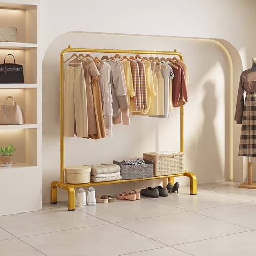 JIUYOTREE Metal 43.3 Inches Garment Rack with Bottom Shelf Clothing Rack for Hanging Clothes Coats Skirts Shirts Sweaters Gold (Pack of 6) - color: Gold, size: 43.3"W x 15.75"D x 61"H without wheels (Pack of 6)