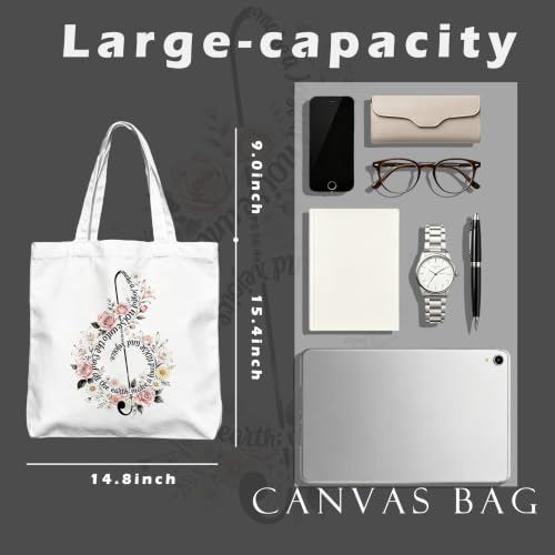 Aesthetic Music Floral Tote Bag for Women, Reusable Canvas Bag with Musical & Botanical Design, Daily Use Gift - color: White-music-016