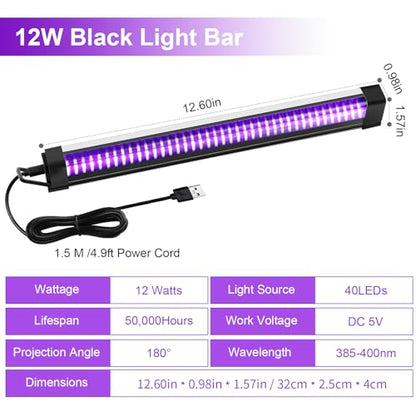 3 Pcs Black Light Bar, 12W 1ft USB Blacklight Strip Light for Glow Party, Magnetic Black Light Strip Tube, Portable LED Black Light for Fluorescent Tapestry Poster Body Paint Christmas Cabinet