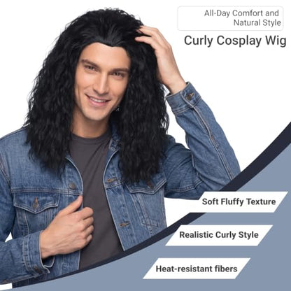 Miss U Hair Unisex Long Curly Hair Party Movie Cosplay Costume Wig Halloween (Jet black) - color: Jet black