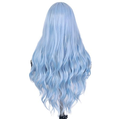 Quantum Love Long Curly Blue Wig for Women Light Blue Long Wavy Wigs 28 Inch Natural Looking Synthetic Fashion Color Hair for Cosplay Halloween Daily Party Use - color: Light Blue