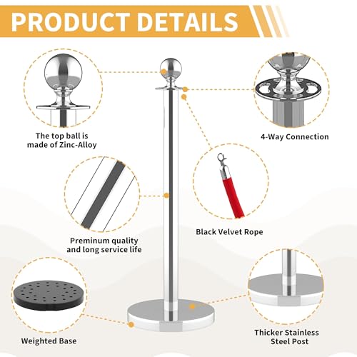 4Pcs Stanchions Post and Velvet Ropes, Crowd Control Barriers with Weighted Base, Red Carpet Runner Poles, Retractable Safety Barriers for Party, Wedding, Theater, Event, Hotel - color: 4 pack, size: without Red Carpet