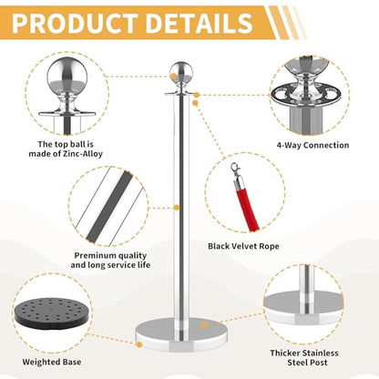 4Pcs Stanchions Post and Velvet Ropes, Crowd Control Barriers with Weighted Base, Red Carpet Runner Poles, Retractable Safety Barriers for Party, Wedding, Theater, Event, Hotel - color: 4 pack, size: without Red Carpet