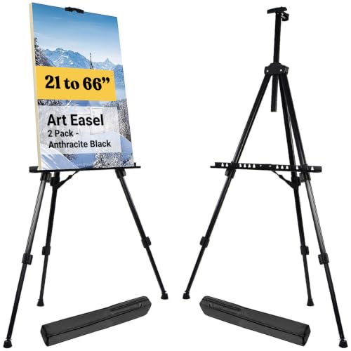 T-Sign 21 to 66 Inch Heavy Duty Easel Stand - Adjustable Metal Tripod Art Easel for Painting and Display, Portable Canvas Stand with Carrying Bag for Artists, Floor, Tabletop, and Outdoor Use (2-Pack) - style: 66 Inch Anthracite Black (2 Pack)
