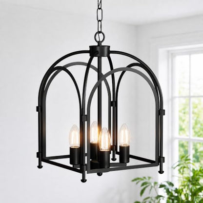Phaosio 4-Light Black Chandelier, Farmhouse Lantern Chandelier | Industrial Metal Cage Light Fixture, Rustic Geometric Design, Adjustable Height, E12 Base, Kitchen Island, Entryway, Foyer - color: Black (Arch Cage)