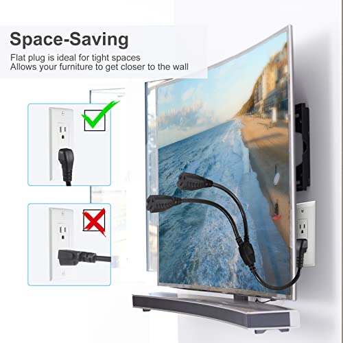 Power Cord Extension Y Splitter - 1 to 2 Way Outlet Adapter NEMA 5-15P 90-Degree Flat Plug to 2 X NEMA 5-15R with SJT 16AWG 3-Prong Cable Wire Extender Space Saver for Home Office Appliance 2-Pack - size: 1FT 2-Pack