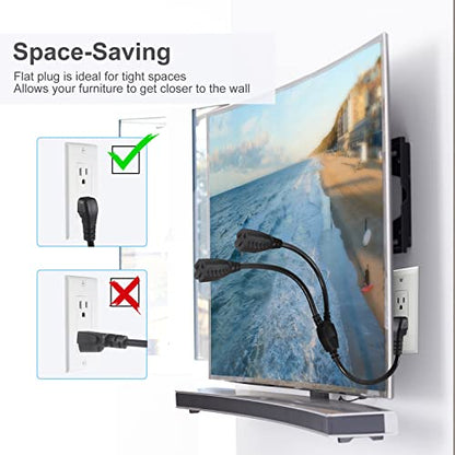 Power Cord Extension Y Splitter - 1 to 2 Way Outlet Adapter NEMA 5-15P 90-Degree Flat Plug to 2 X NEMA 5-15R with SJT 16AWG 3-Prong Cable Wire Extender Space Saver for Home Office Appliance 2-Pack - size: 1FT 2-Pack