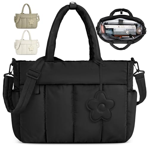 RAINSMORE Laptop Tote Bag for Women 15.6 Inch Lightweight Puffer Work Tote Bag Quilted Travel Bags with Shoulder Strap Large Computer Briefcase Teacher Nurse Bag for Casual Office Travel - color: Black