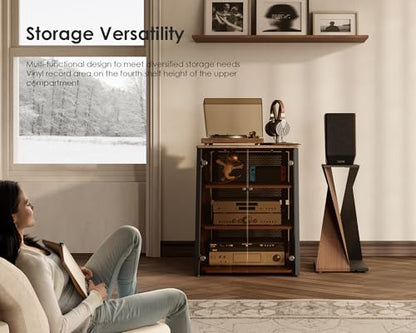 FITUEYES 4-Tier Media Stand with Brown Glass Doors Audio Rack with Adjustable Shelves Stereo Cabinet Protection Equipment for Vinyl Record Player Stereo Receivers Audio Gear, Eiffel Series