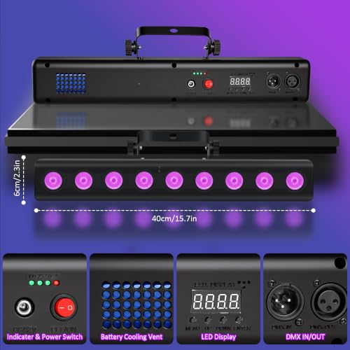 Battery Powered Stage Light Bar,2Pack 9LED RGBW 4IN1 Rechargeable Stage Wash Lights Bar Built-in 5200mAh Battery Remote Control Sound Activated DMX512 Uplights for DJ Party Stage Wedding Club