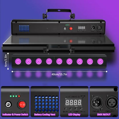 Battery Powered Stage Light Bar,2Pack 9LED RGBW 4IN1 Rechargeable Stage Wash Lights Bar Built-in 5200mAh Battery Remote Control Sound Activated DMX512 Uplights for DJ Party Stage Wedding Club
