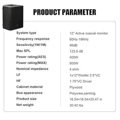 EXOTON B-12 Powered PA Speaker - 12" Coaxial Active Monitor 800W Class D Amp with DSP, 3-Band EQ,TWS,Full-Color Display for Monitoring, DJ(AC Powered)