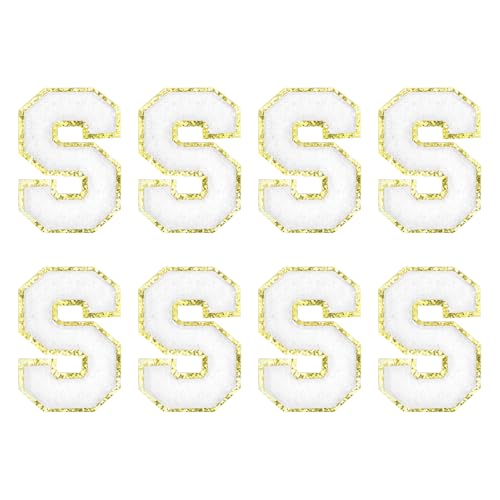 MECCANIXITY Chenille Letter Patches 2.2" Self Adhesive Alphabet S Stick on Embroidered Patch Sew on Letter Stickers Applique for Repairing Clothing Jeans Shoes Hats DIY(White, Pack of 8) - style: Letter S