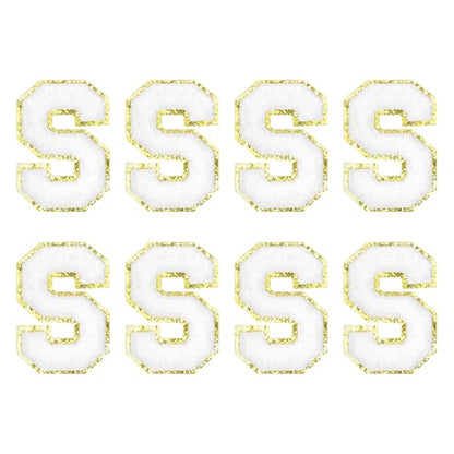 MECCANIXITY Chenille Letter Patches 2.2" Self Adhesive Alphabet S Stick on Embroidered Patch Sew on Letter Stickers Applique for Repairing Clothing Jeans Shoes Hats DIY(White, Pack of 8) - style: Letter S