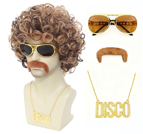 ByouByou 70s 80s Retro Disco Men Afro Wig Set, Pre-Styled Fluffy Curly Synthetic Wig with Accessories, Halloween Cosplay Costume Kit (Blonde Mixed Brown) - color: Blonde Mixed Brown