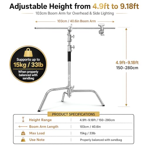 C Stand with Boom Arm, 9.18ft/280cm Heavy Duty Stainless Steel Photography Light Stand | 40.6in Holding Arm, 2 Grip Heads, Turtle Base, 4 Spring Clamps, Sandbag & Carry Bag for Studio Video Lighting - size: M280 CSTAND + BAG + SANDBAG + 4PCS CLAMPS