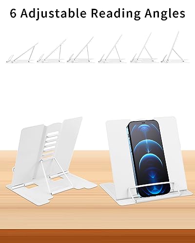 MSDADA Small Desk Book Stand Metal Reading Rest Book Holder | Adjustable Cookbook Documents Holder Portable Sturdy Bookstands for Recipes Textbooks Tablet Music Books(White) - color: White